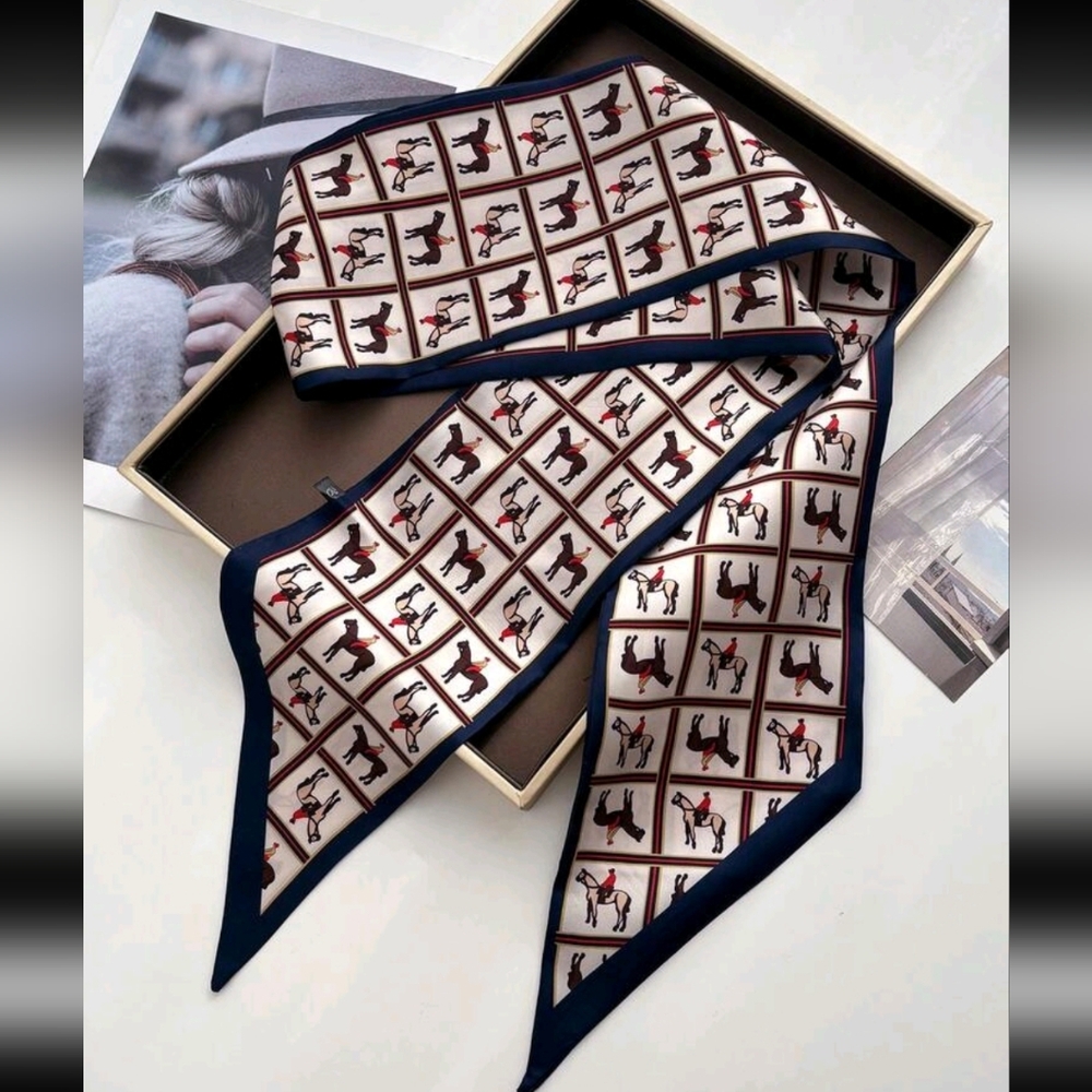 Ladies Navy & Cream Equestrian Print Twilly Scarf
